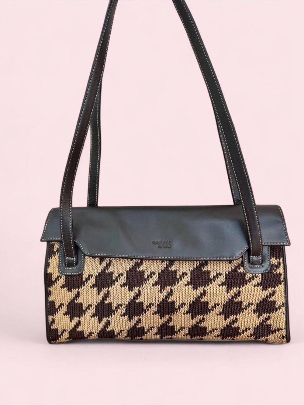 The Sak Woven Houndstooth Shoulder Bag in Light Mocha with Saddle Brown Trim